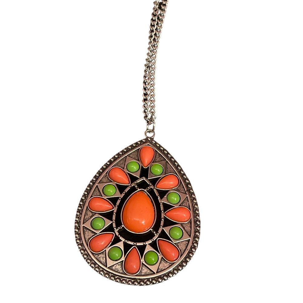 Paparazzi Boho Teardrop‎ Pendant Necklace Orange Green Silver Chain Jewelry R-73